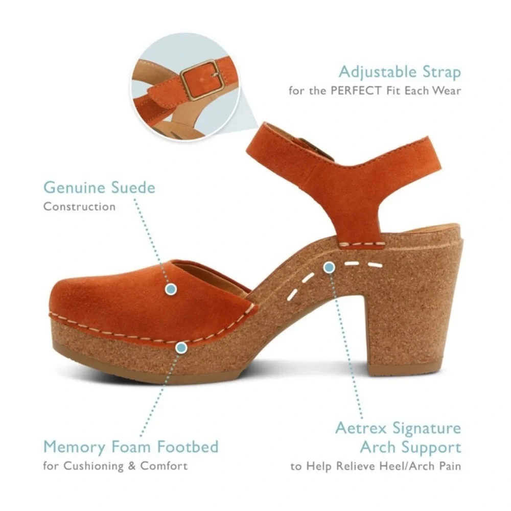 Aetrex Finley Rusty Burnt Orange Suede Leather Ankle-Strap Clog Heels 9 - Picture 12 of 14